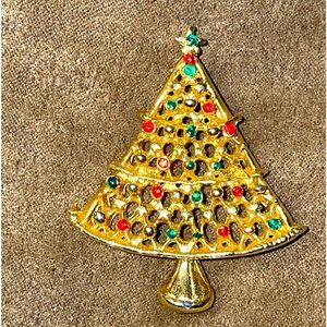 Holiday Christmas Tree with Rhinestone in Gold Tone